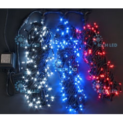 Гирлянда светодиодная триколор 8 режимов свечения 24B, 600 LED, провод черный, IP54 RL-T3*20N2-B/WBR
