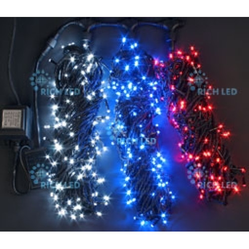 Гирлянда светодиодная триколор 8 режимов свечения 24B, 600 LED, провод черный, IP54 RL-T3*20N2-B/WBR