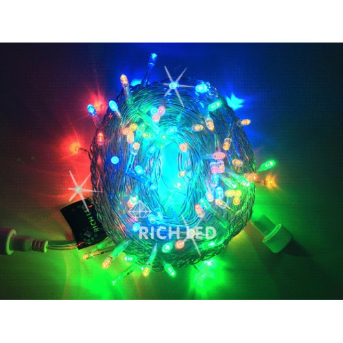 Гирлянда светодиодная разноцветная с мерцанием 24B, 100 LED, провод прозрачный, IP54 RL-S10CF-24V-T/RGP
