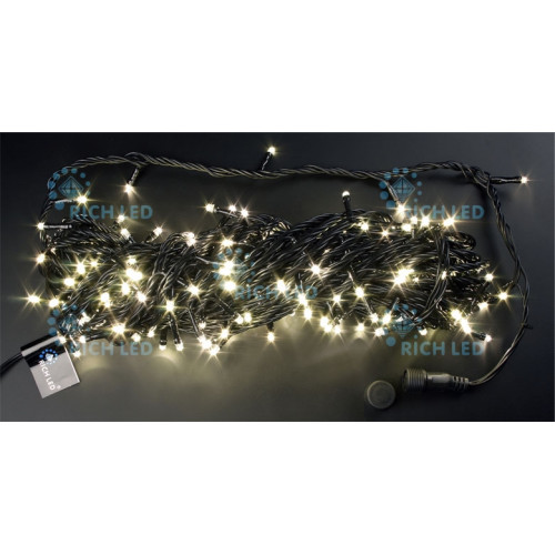 Гирлянда светодиодная белая 8 режимов свечения 220B, 200 LED, провод черный, IP54 RL-T20C2-B/WW