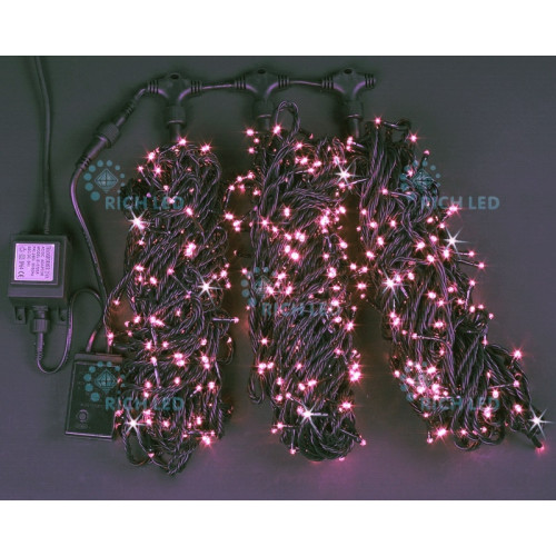 Гирлянда светодиодная розовая с мерцанием 24B, 600 LED, провод черный, IP54 RL-S3*20F-B/P
