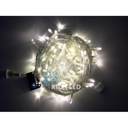Гирлянда светодиодная белая постоянного свечения 24B, 100 LED, провод прозрачный, IP54 RL-S10C-24V-T/WW