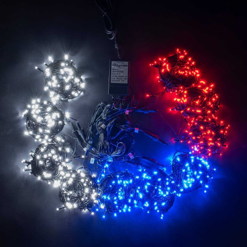 Комплект 10 Бело-Сине-Красных Нитей по 10м, 1000 LED, Провод Черный Силикон, IP65