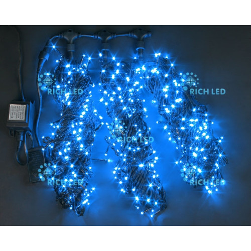Гирлянда светодиодная синяя 8 режимов свечения 24B, 600 LED, провод черный, IP54 RL-T3*20N2-B/B