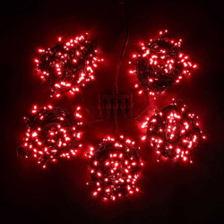 Комплект 5 Красных Нитей по 20м с Мерцанием Белого Диода, 1000 LED, Провод Черный ПВХ, IP54