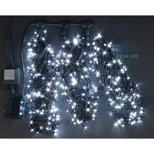 Гирлянда светодиодная белая с мерцанием 24B, 600 LED, провод черный, IP54 RL-S3*20F-B/W