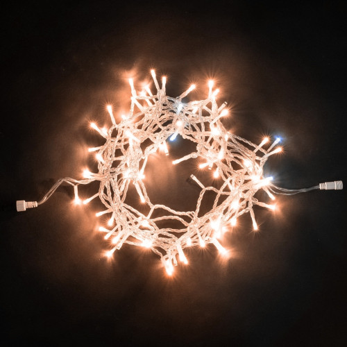 Гирлянда Нить 10м Экстра Тепло-Белая с Мерцанием Белого Диода 24В, 100 LED, Провод Прозрачный ПВХ, IP54