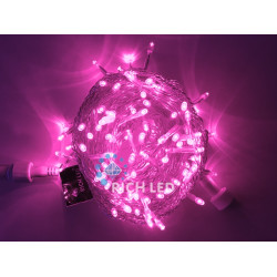 Гирлянда светодиодная розовая постоянного свечения 220B, 100 LED, провод прозрачный, IP54 RL-S10C-220V-T/P