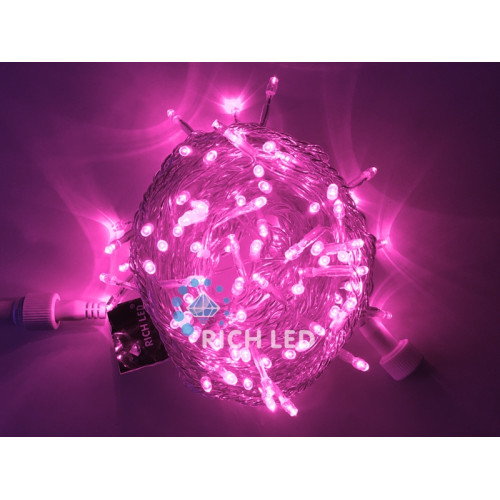 Гирлянда светодиодная розовая постоянного свечения 220B, 100 LED, провод прозрачный, IP54 RL-S10C-220V-T/P