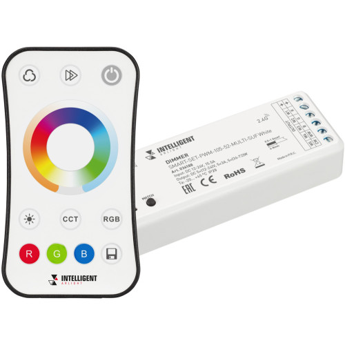 INTELLIGENT Диммер SMART-SET-PWM-105-52-MULTI-SUF White (12-24V, 5x3A, ПДУ RING 10кн, 2.4G) (IARL, IP20 Пластик, 5 лет) 036188