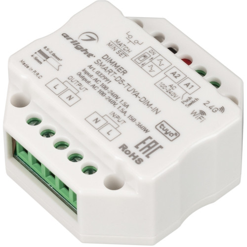 Диммер SMART-D5-TUYA-DIM-IN (230V, 1.5A, TRIAC, WiFi, 2.4G) (Arlight, IP20 Пластик, 5 лет) 032991