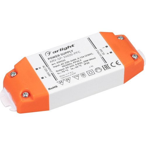 Блок питания ARV-SP-24020-PFC (24V, 0.83A, 20W) (Arlight, IP20 Пластик, 5 лет) 039233