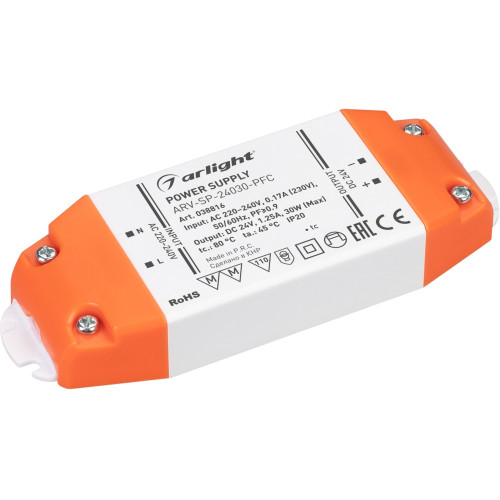 Блок питания ARV-SP-24030-PFC (24V, 1.25A, 30W) (Arlight, IP20 Пластик, 5 лет) 038816