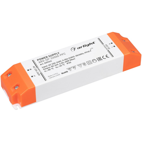 Блок питания ARV-SP-24060-PFC (24V, 2.5A, 60W) (Arlight, IP20 Пластик, 5 лет) 039243