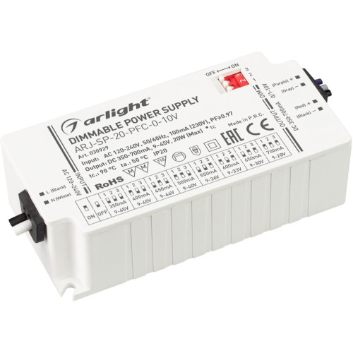Блок питания ARJ-SP-20-PFC-0-10V (20W, 350-700mA) (Arlight, IP20 Пластик, 5 лет) 030929