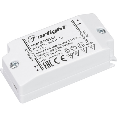 Блок питания ARV-SN24008-B (24V, 0.33A, 8W) (Arlight, IP20 Пластик, 3 года) 033274