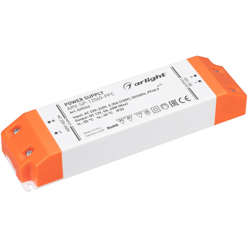 Блок питания ARV-SP-12060-PFC (12V, 5A, 60W) (Arlight, IP20 Пластик, 5 лет) 039242